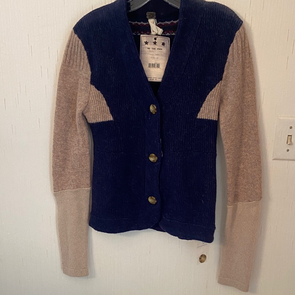 We The Free Blue and Tan Button-Up Cardigan